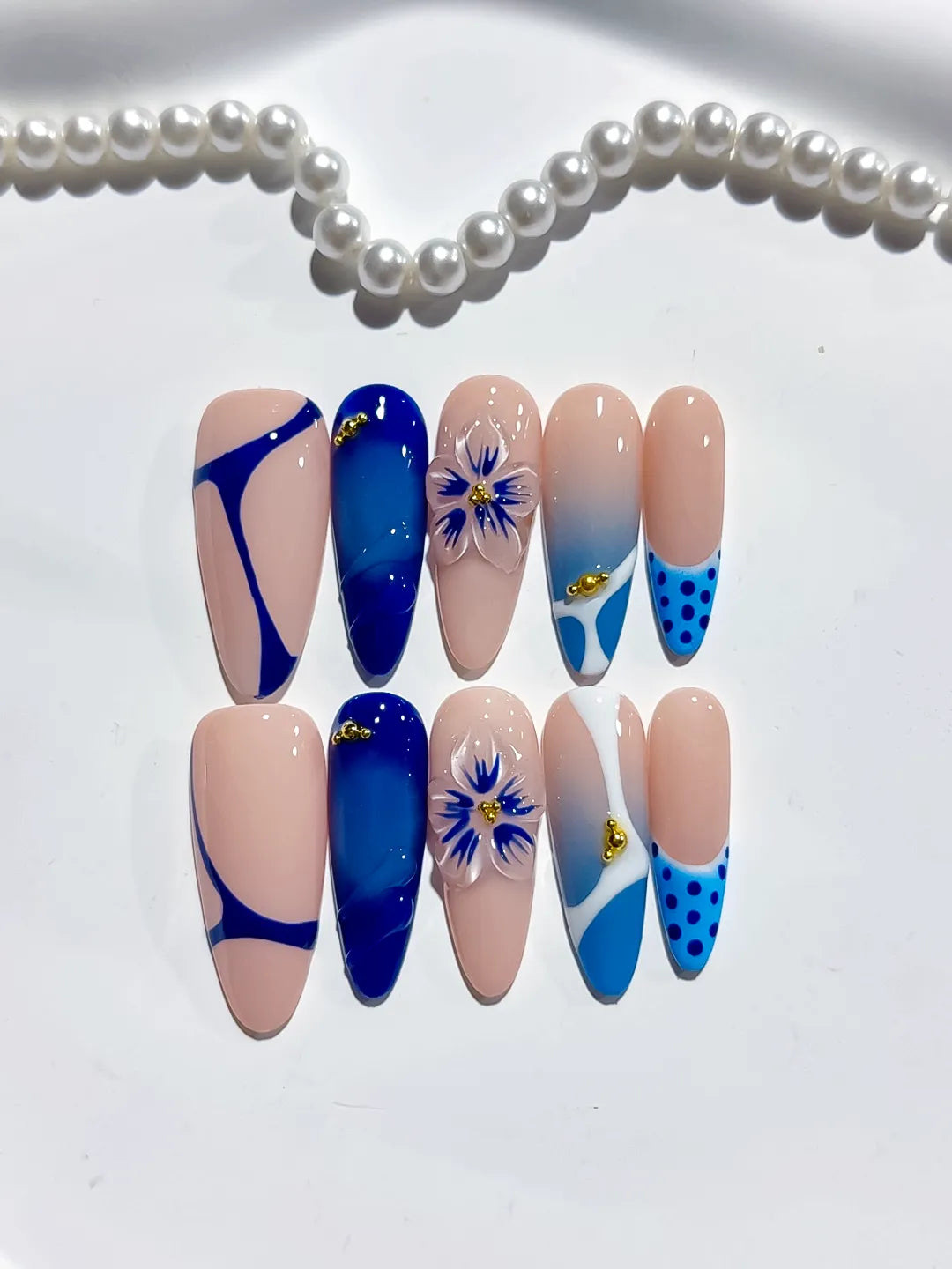 D414 - Long Nude Blue Almond French tip Flower Dot Pattern