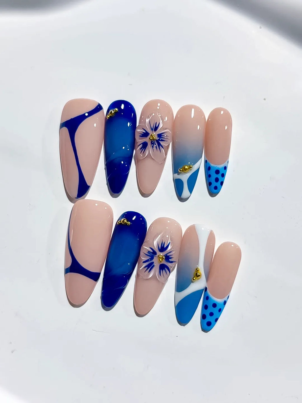 D414 - Long Nude Blue Almond French tip Flower Dot Pattern