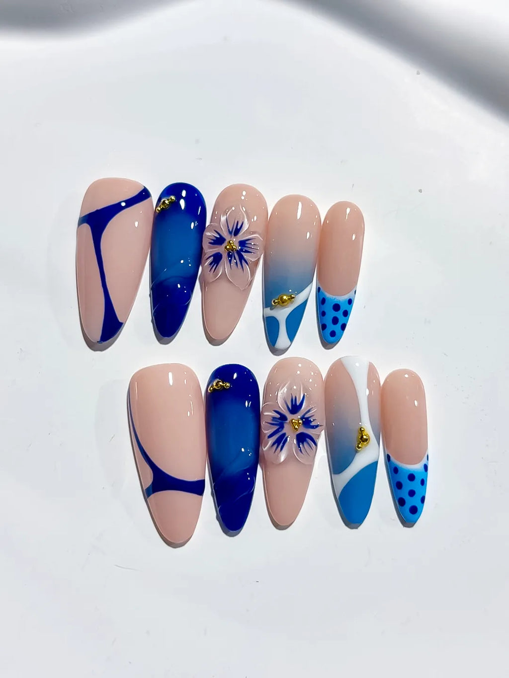D414 - Long Nude Blue Almond French tip Flower Dot Pattern
