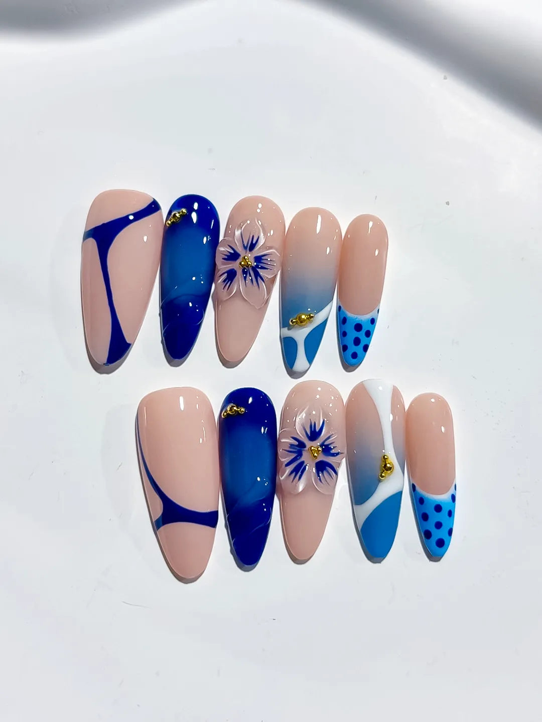 D414 - Long Nude Blue Almond French tip Flower Dot Pattern