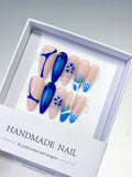 D414 - Long Nude Blue Almond French tip Flower Dot Pattern
