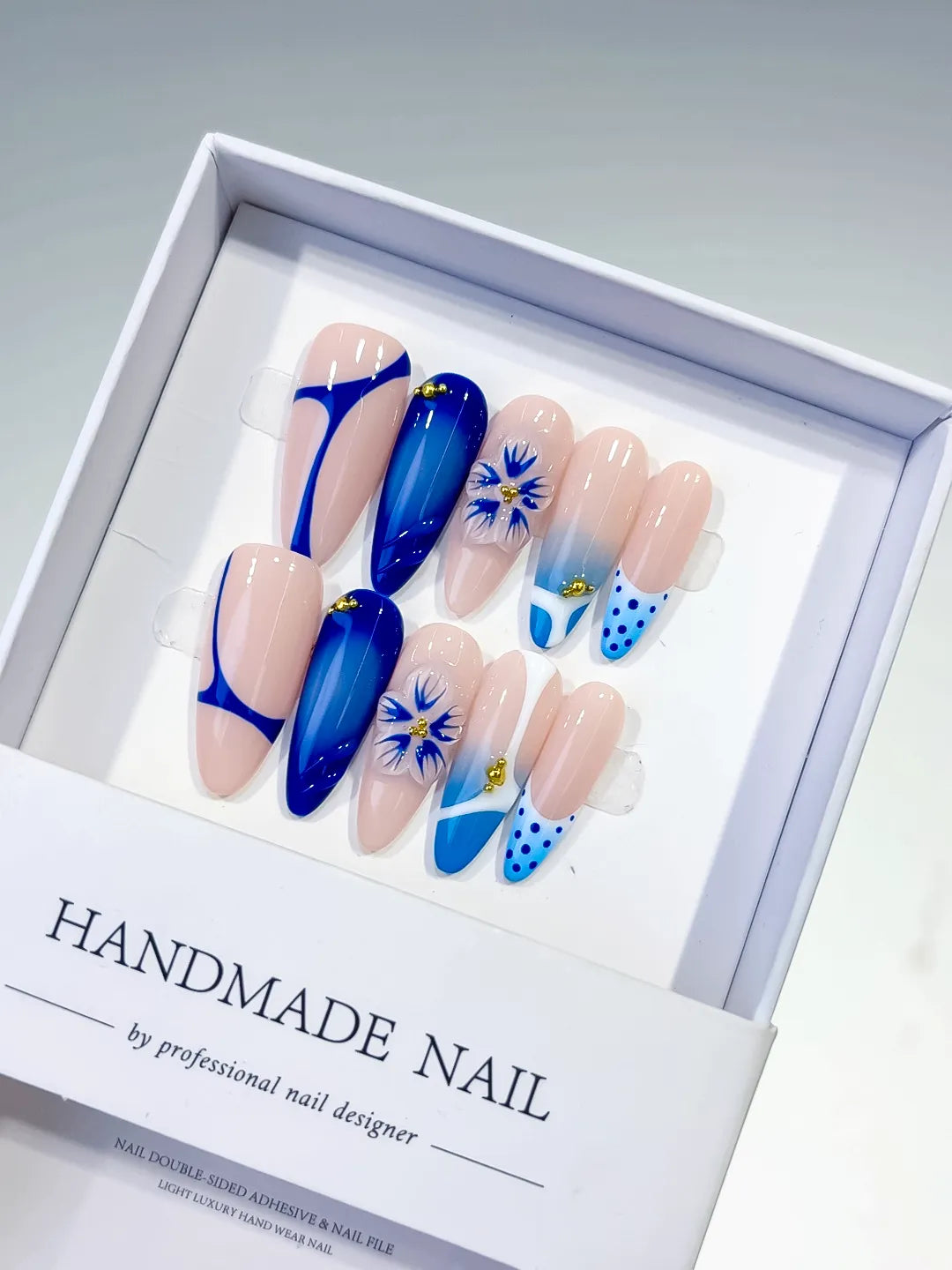 D414 - Long Nude Blue Almond French tip Flower Dot Pattern