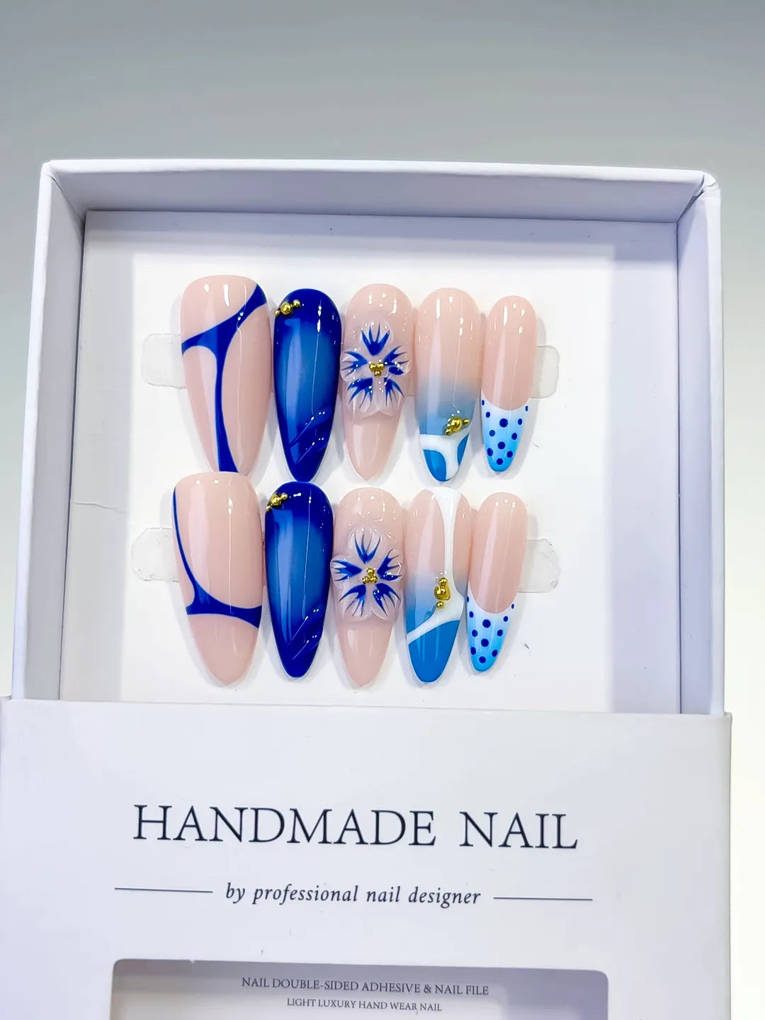 D414 - Long Nude Blue Almond French tip Flower Dot Pattern