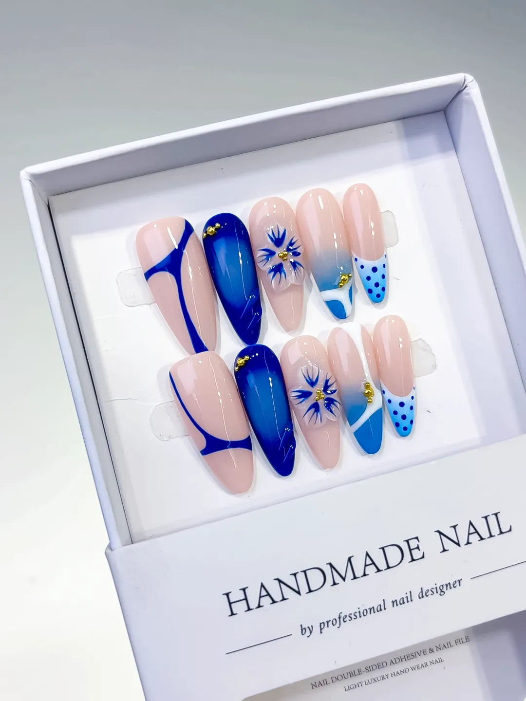 D414 - Long Nude Blue Almond French tip Flower Dot Pattern