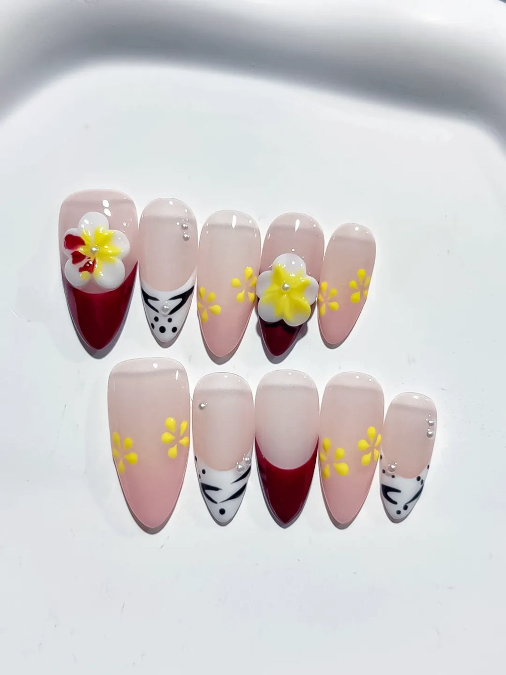 D415 - Medium Nude Red Almond French tip Flower Animal Print