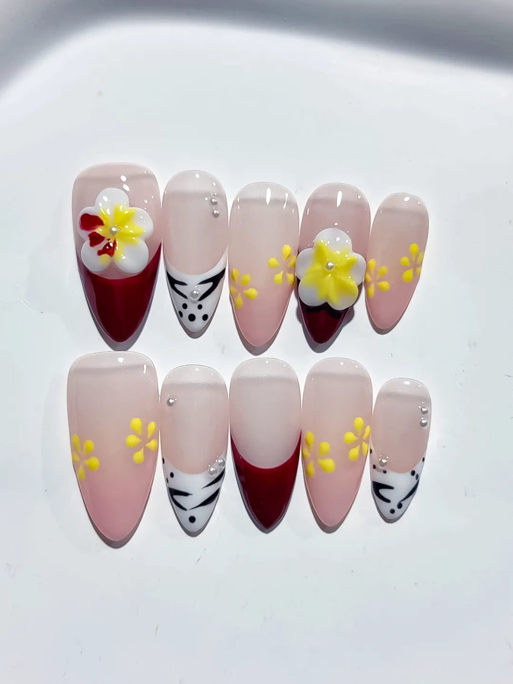 D415 - Medium Nude Red Almond French tip Flower Animal Print