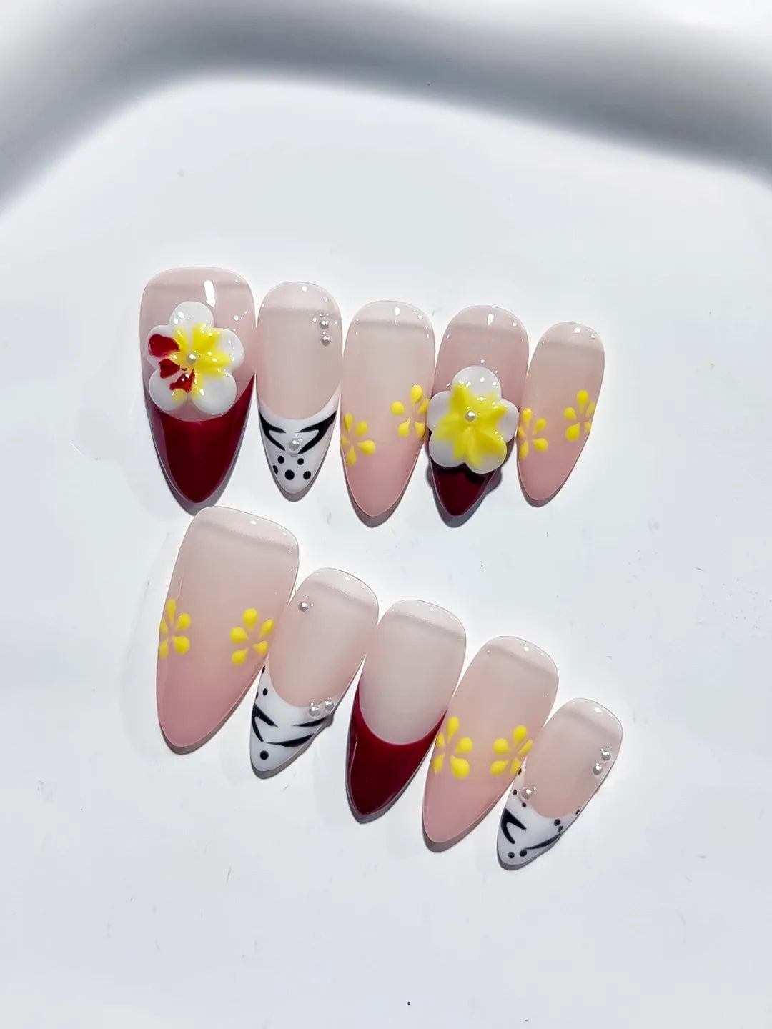 D415 - Medium Nude Red Almond French tip Flower Animal Print