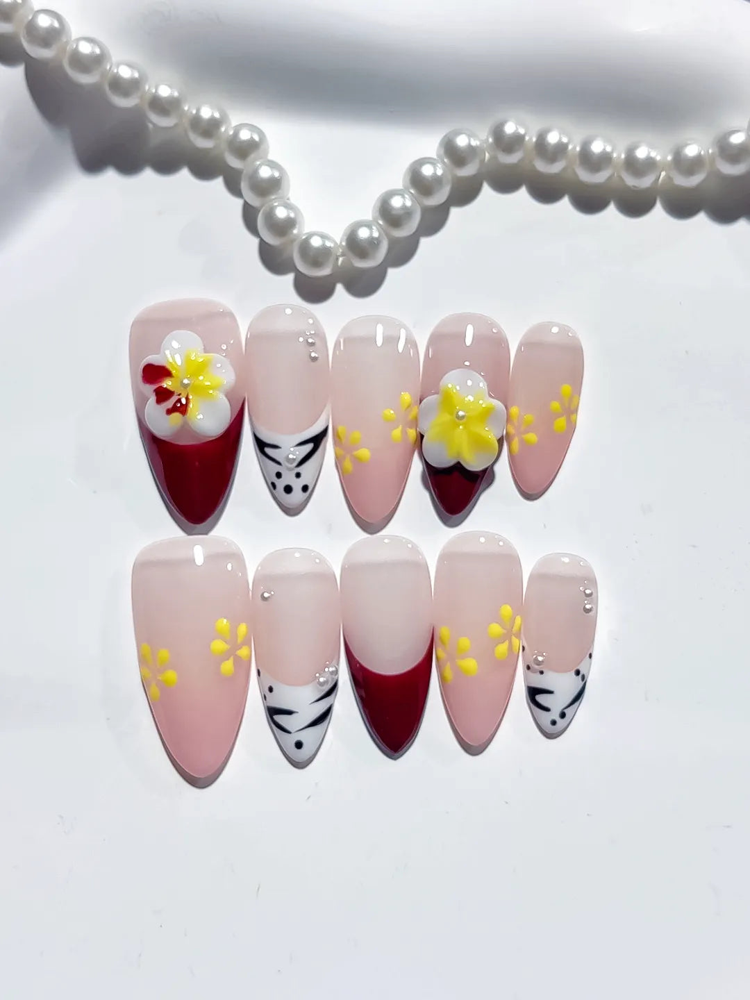 D415 - Medium Nude Red Almond French tip Flower Animal Print