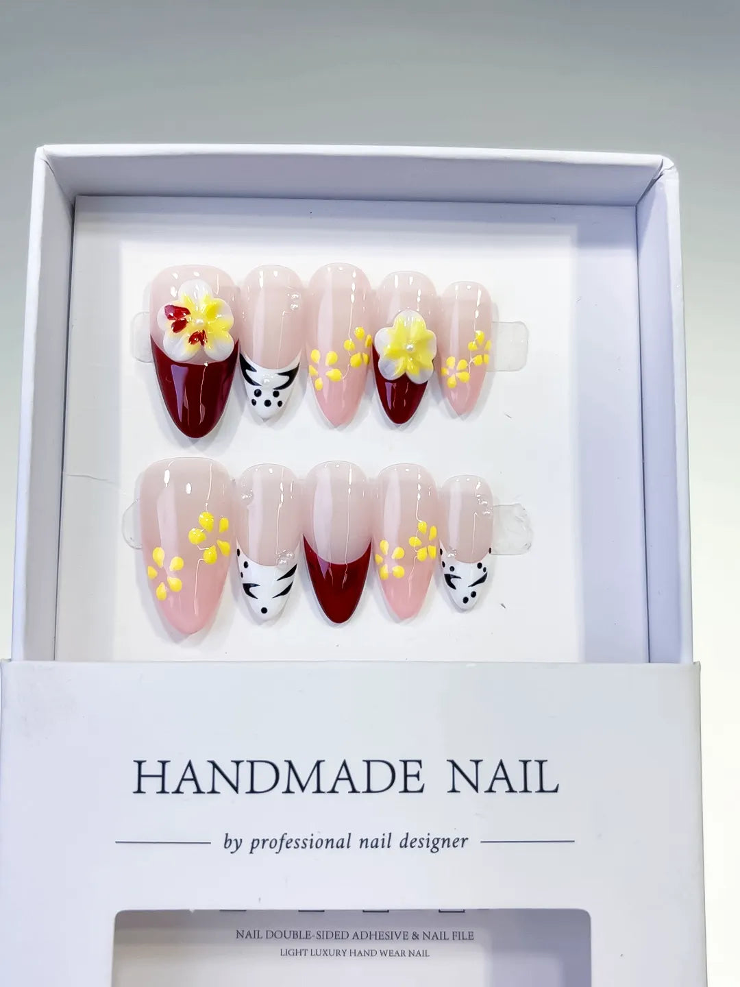 D415 - Medium Nude Red Almond French tip Flower Animal Print