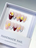D415 - Medium Nude Red Almond French tip Flower Animal Print