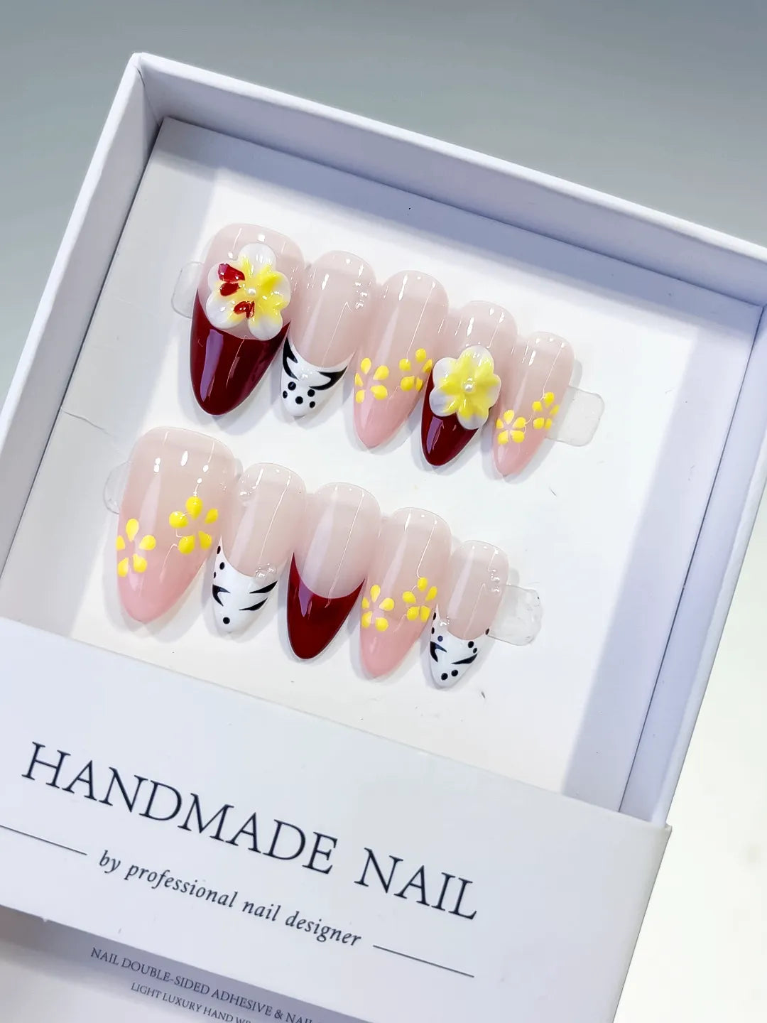 D415 - Medium Nude Red Almond French tip Flower Animal Print