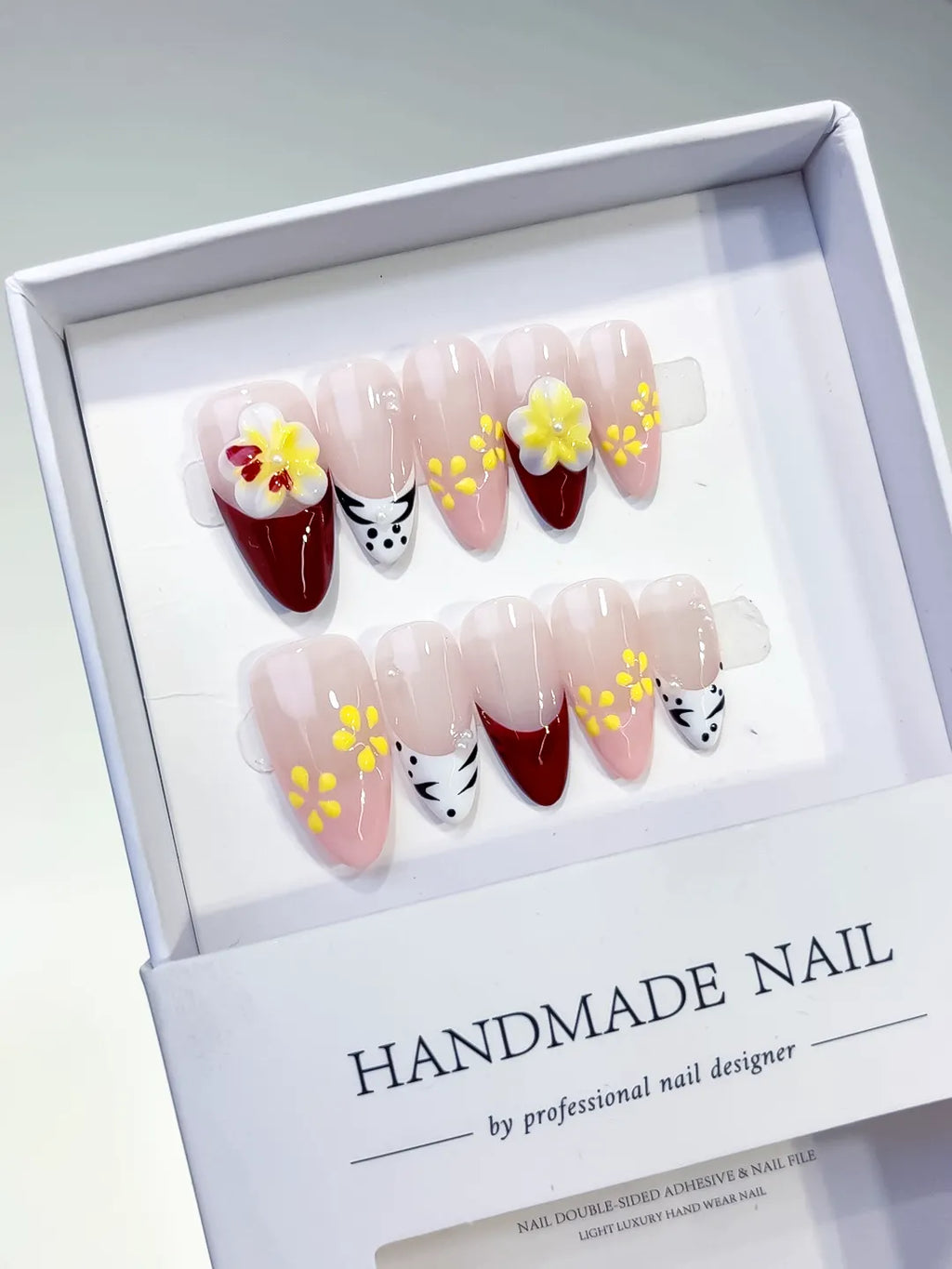 D415 - Medium Nude Red Almond French tip Flower Animal Print