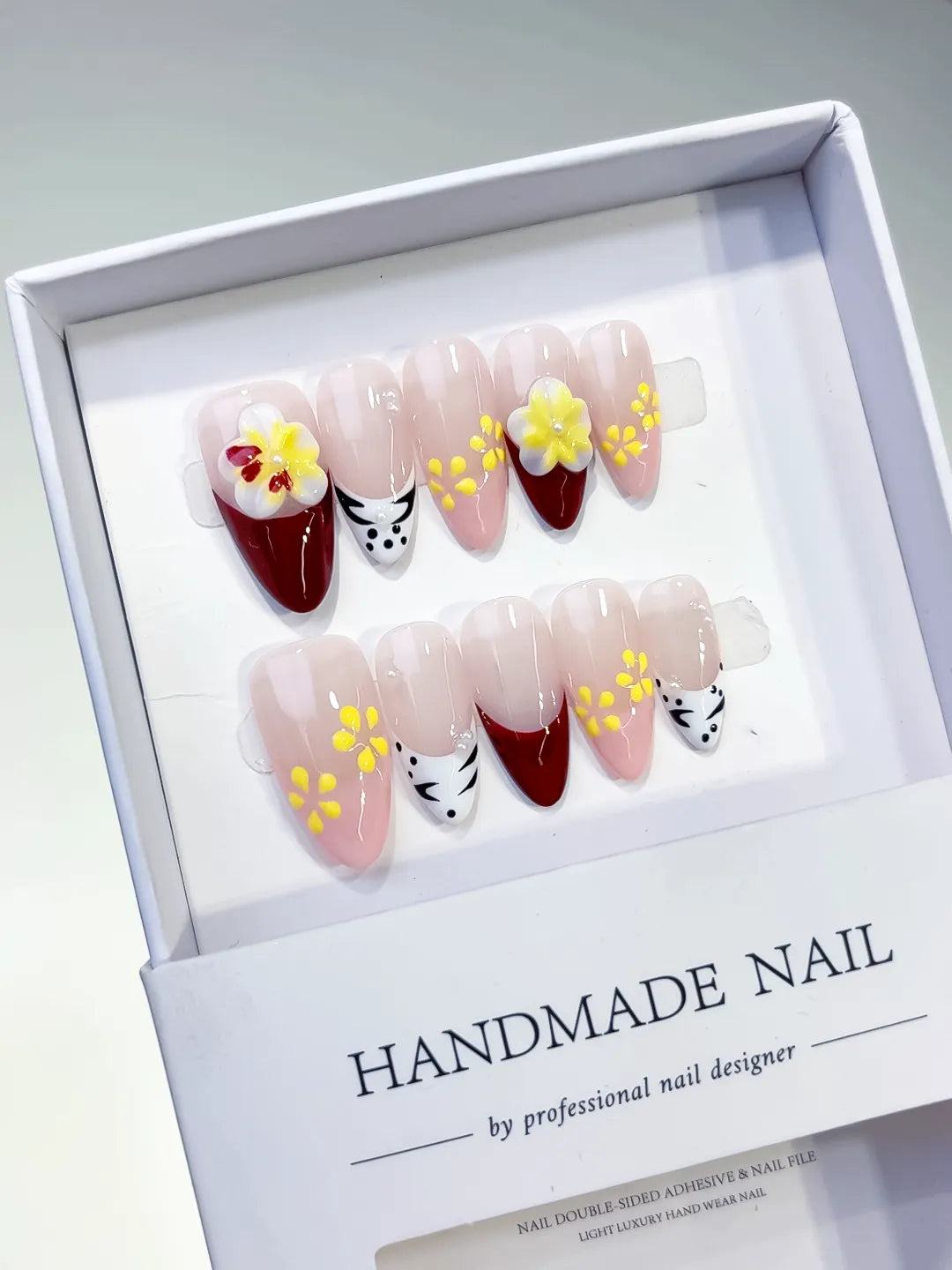 D415 - Medium Nude Red Almond French tip Flower Animal Print