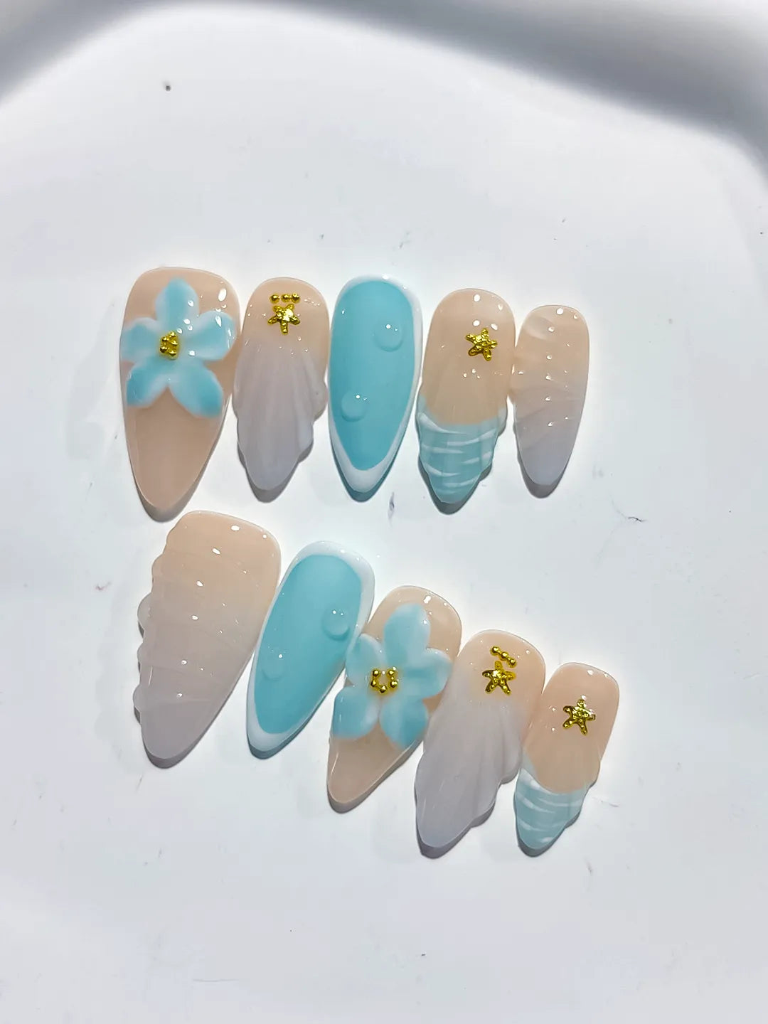 D416 - Medium Nude Blue Almond French tip Flower Shell VibeNailsLab