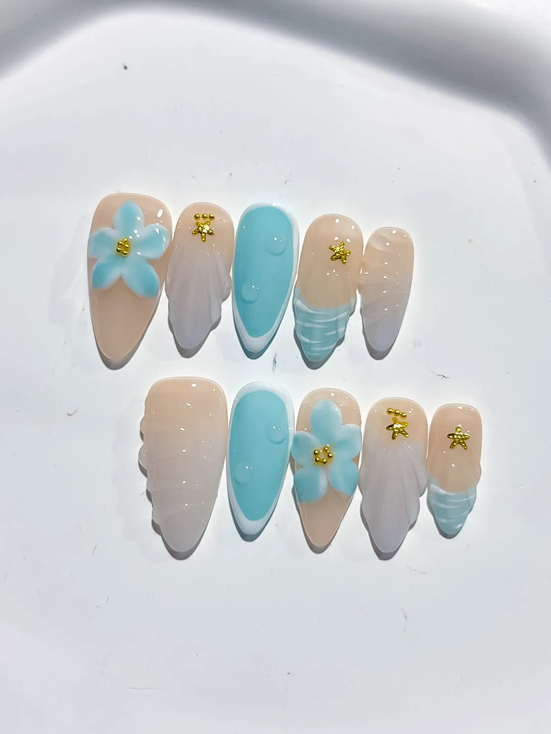 D416 - Medium Nude Blue Almond French tip Flower Shell VibeNailsLab