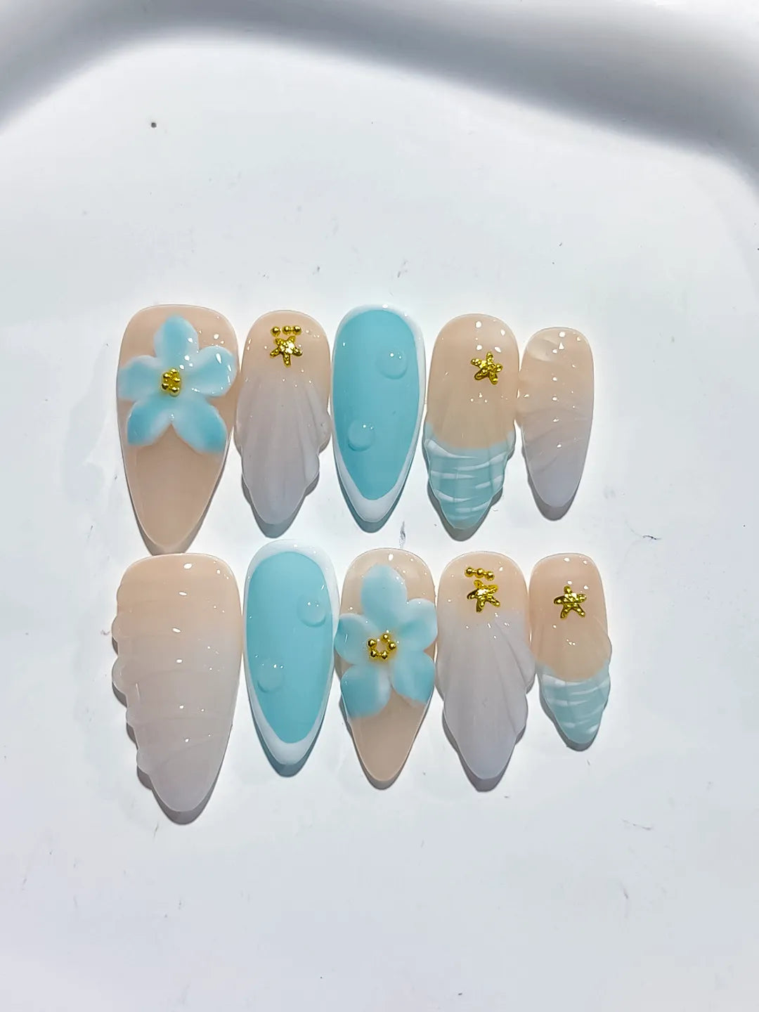 D416 - Medium Nude Blue Almond French tip Flower Shell VibeNailsLab
