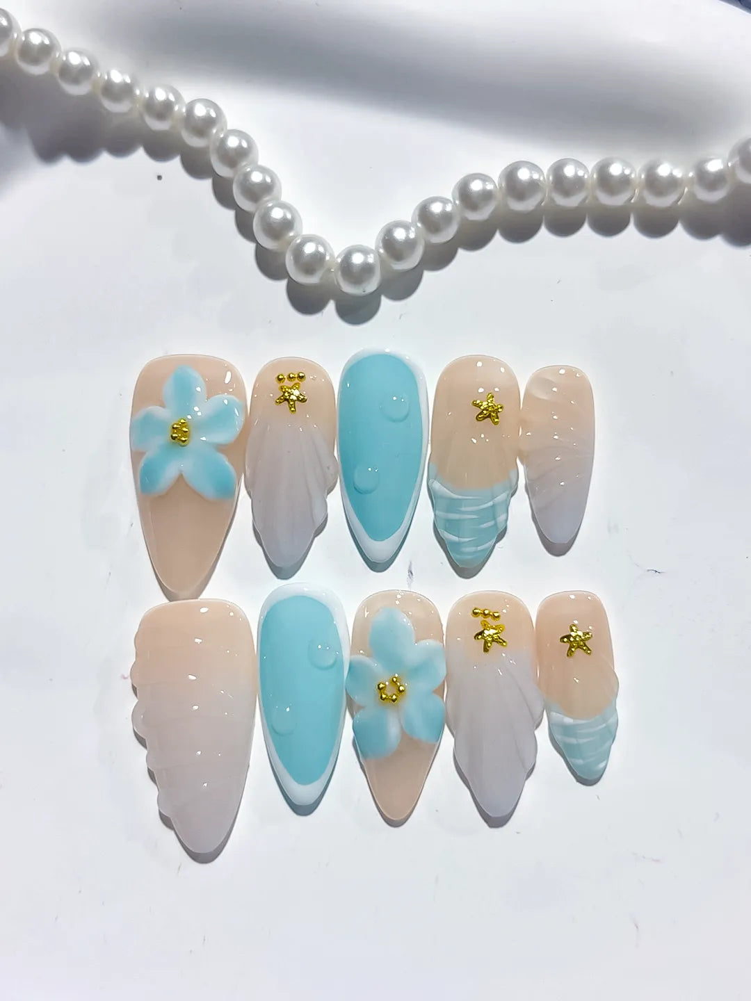 D416 - Medium Nude Blue Almond French tip Flower Shell VibeNailsLab
