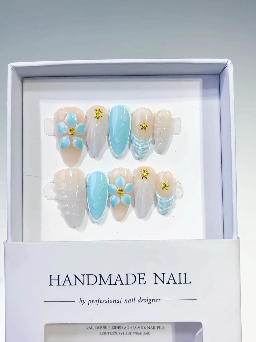 D416 - Medium Nude Blue Almond French tip Flower Shell VibeNailsLab