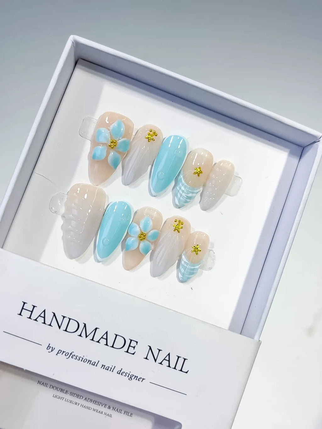 D416 - Medium Nude Blue Almond French tip Flower Shell VibeNailsLab