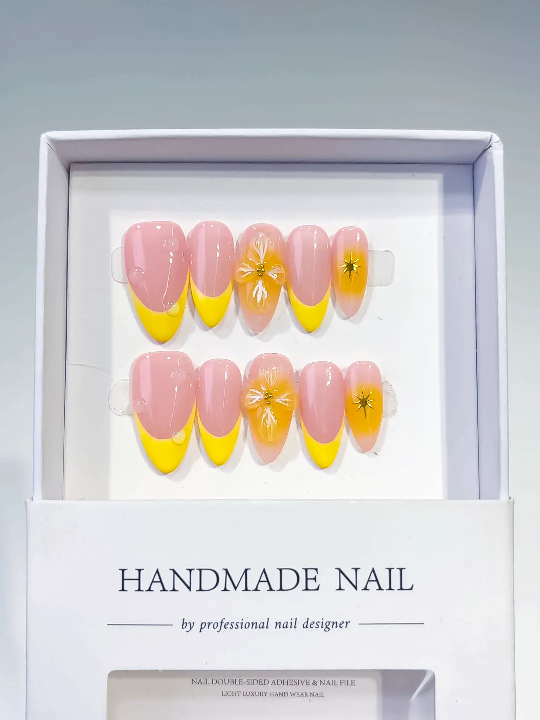 D417 - Medium Pink Yellow Almond French tip Flower