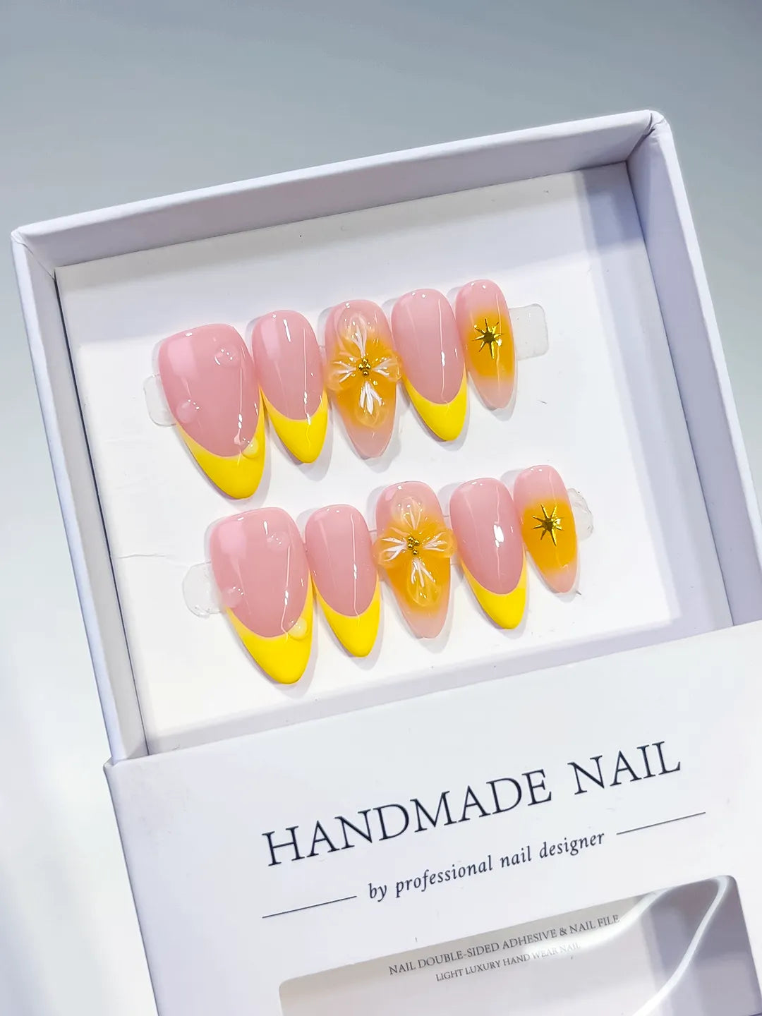 D417 - Medium Pink Yellow Almond French tip Flower