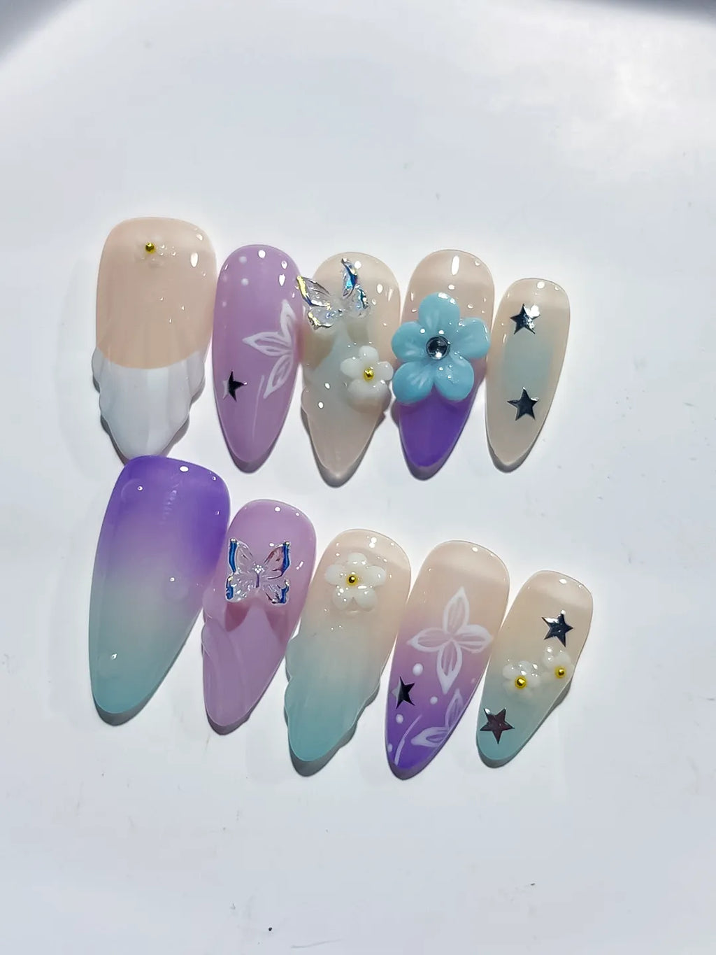 D419 - Medium Nude Purple Almond Ombre Flower Butterfly