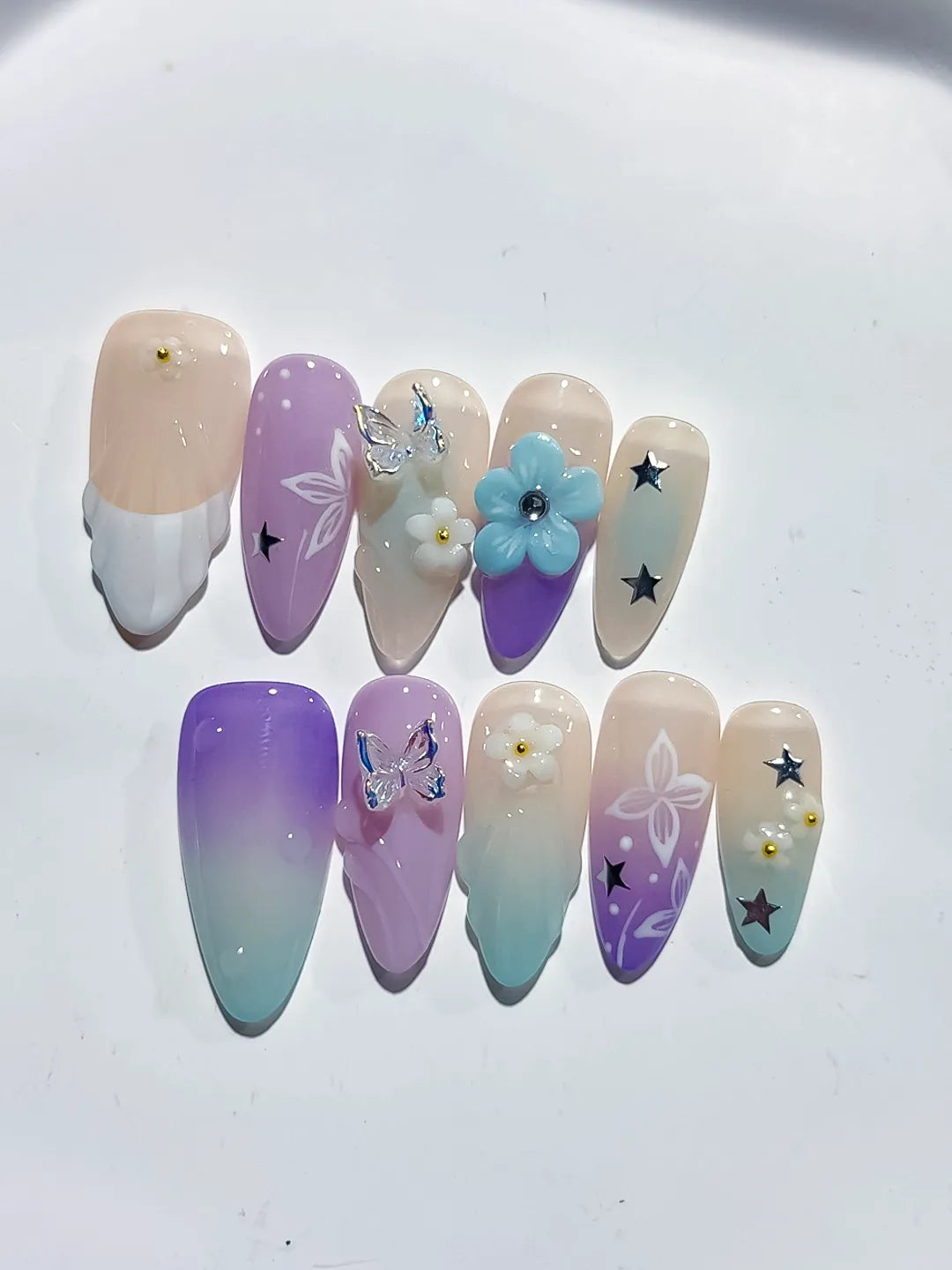 D419 - Medium Nude Purple Almond Ombre Flower Butterfly