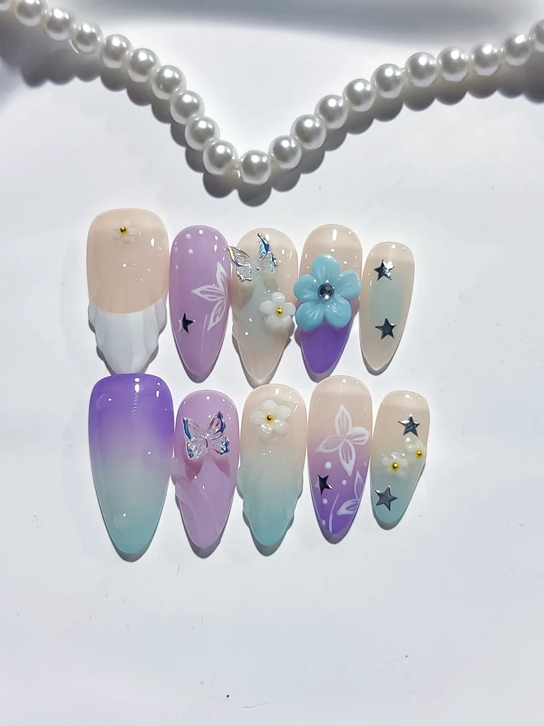 D419 - Medium Nude Purple Almond Ombre Flower Butterfly