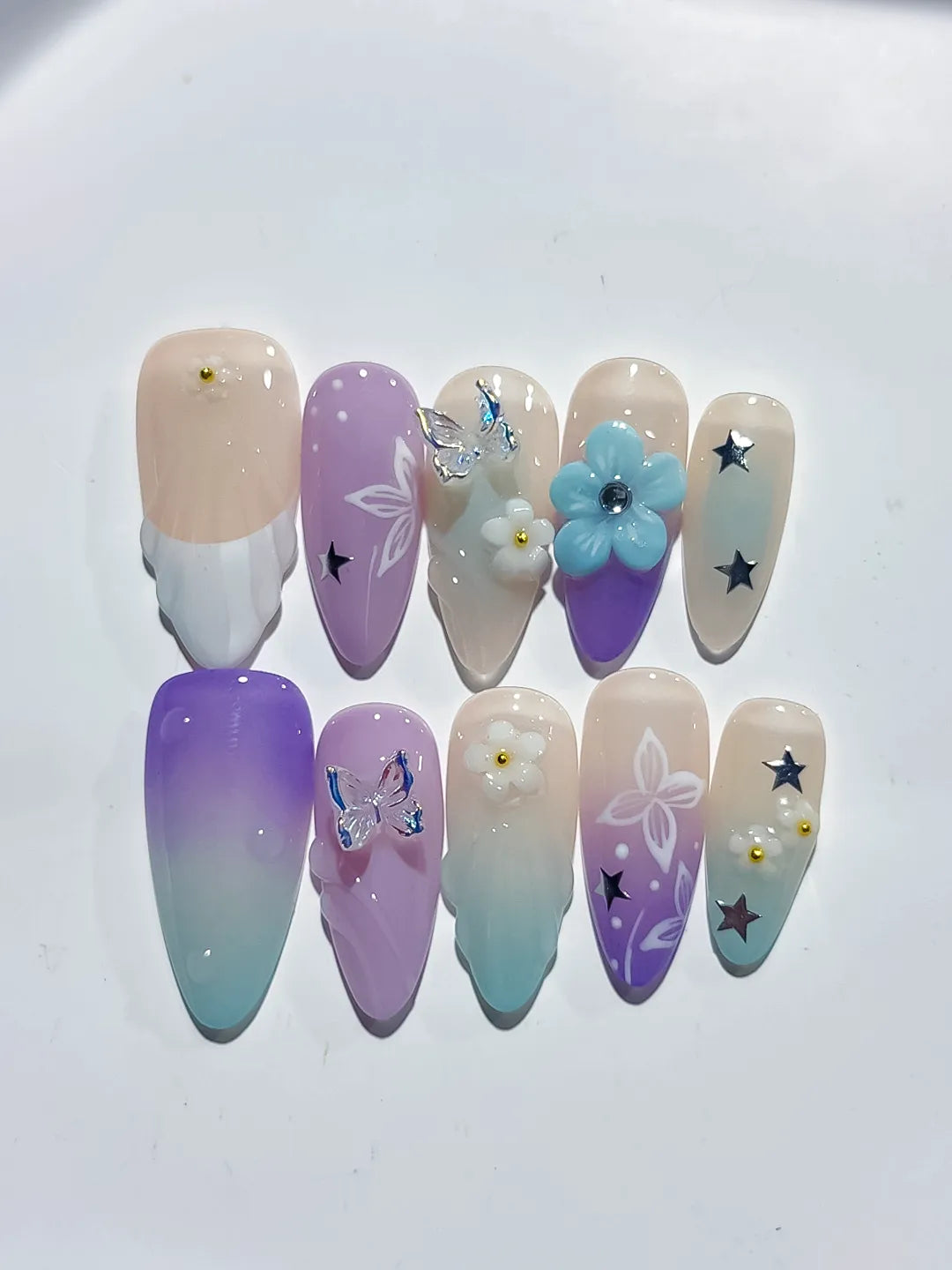 D419 - Medium Nude Purple Almond Ombre Flower Butterfly