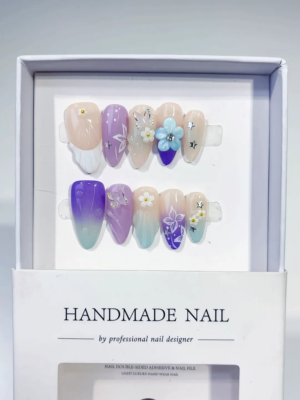 D419 - Medium Nude Purple Almond Ombre Flower Butterfly