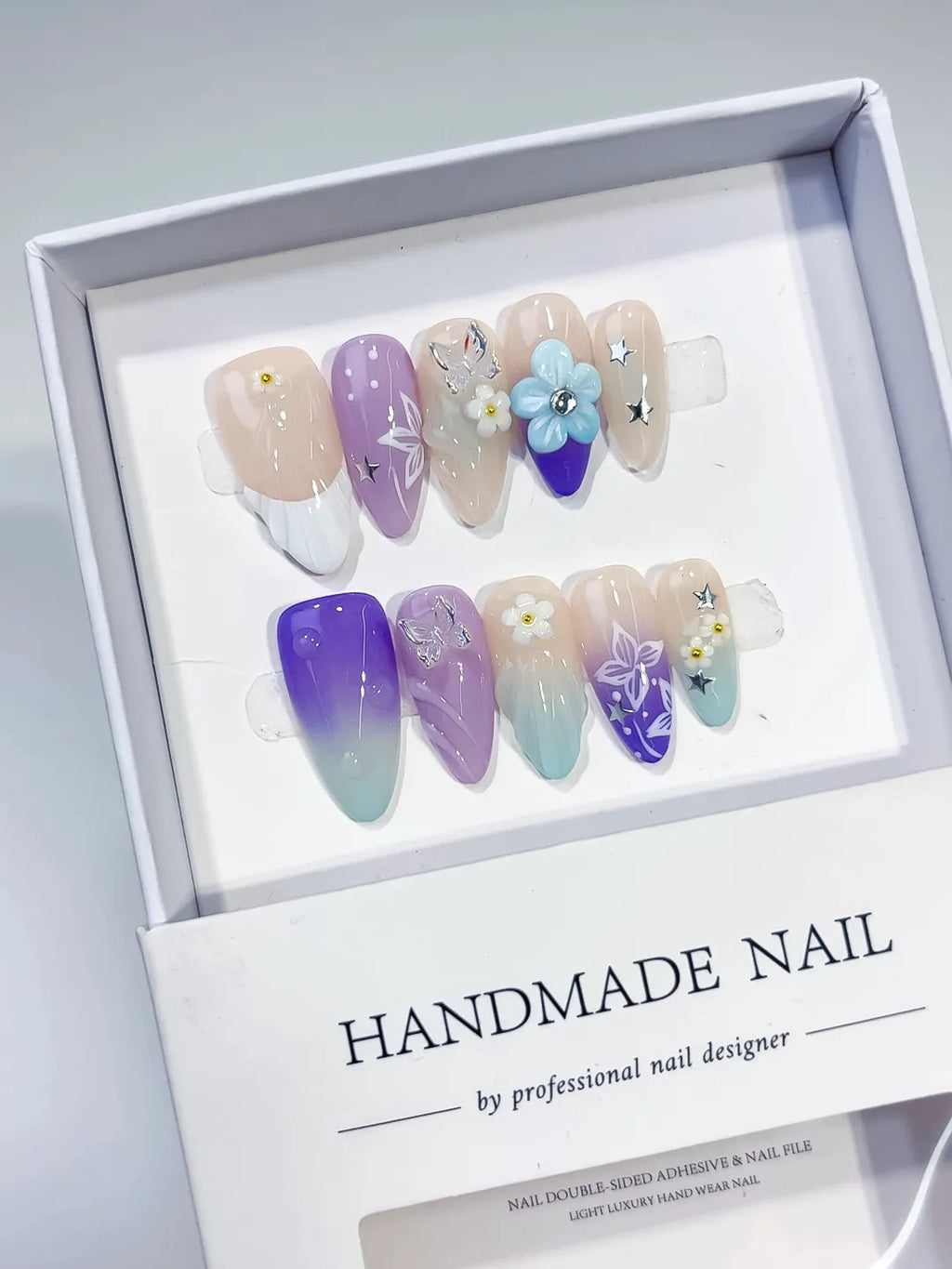 D419 - Medium Nude Purple Almond Ombre Flower Butterfly