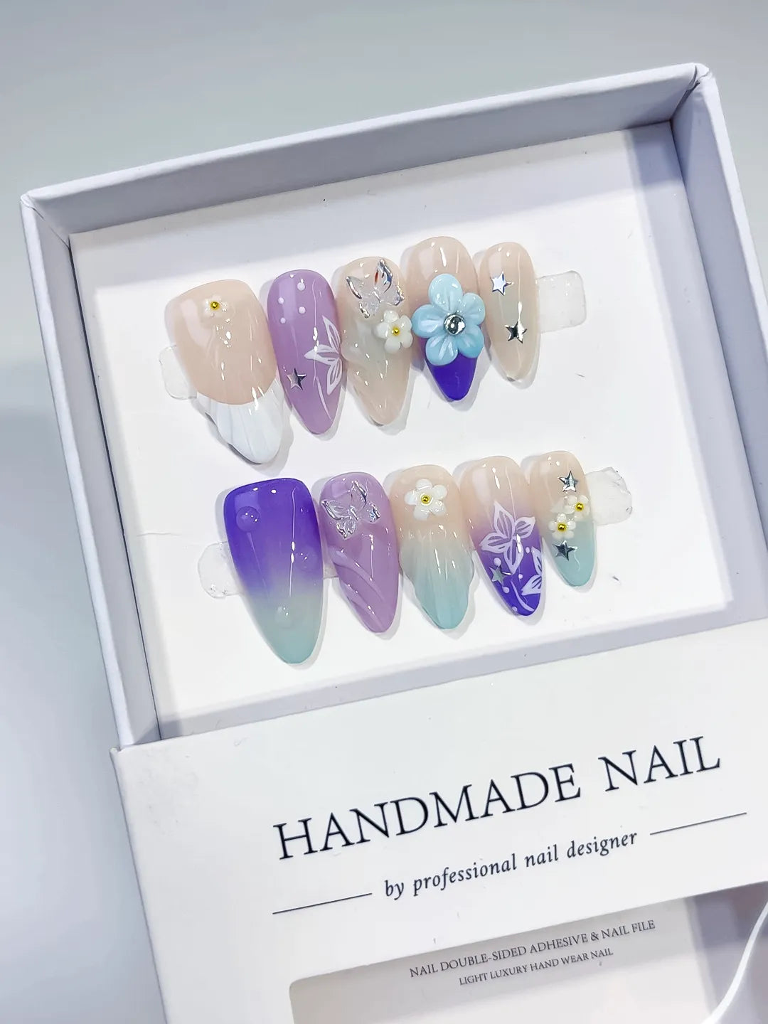 D419 - Medium Nude Purple Almond Ombre Flower Butterfly