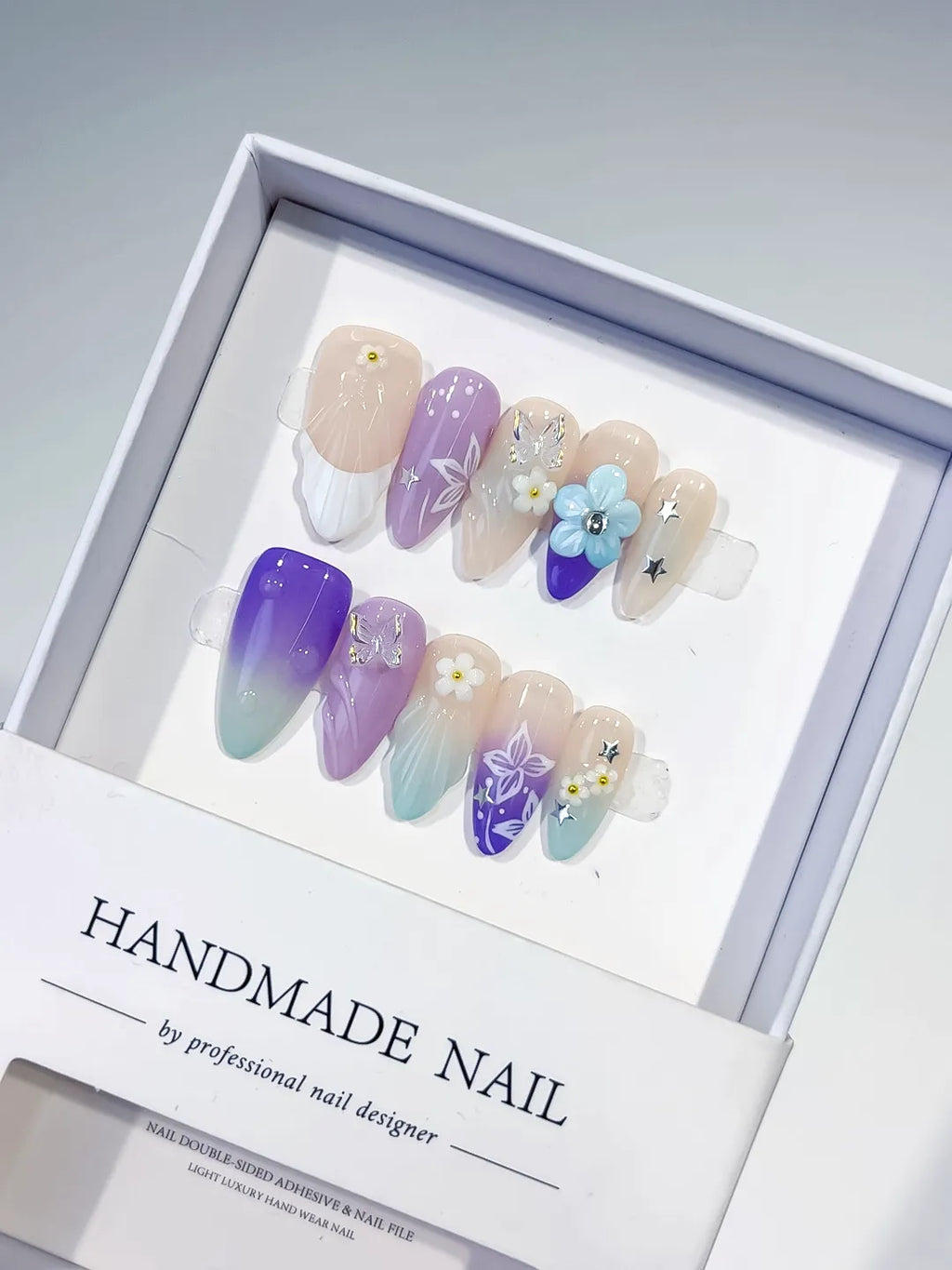 D419 - Medium Nude Purple Almond Ombre Flower Butterfly