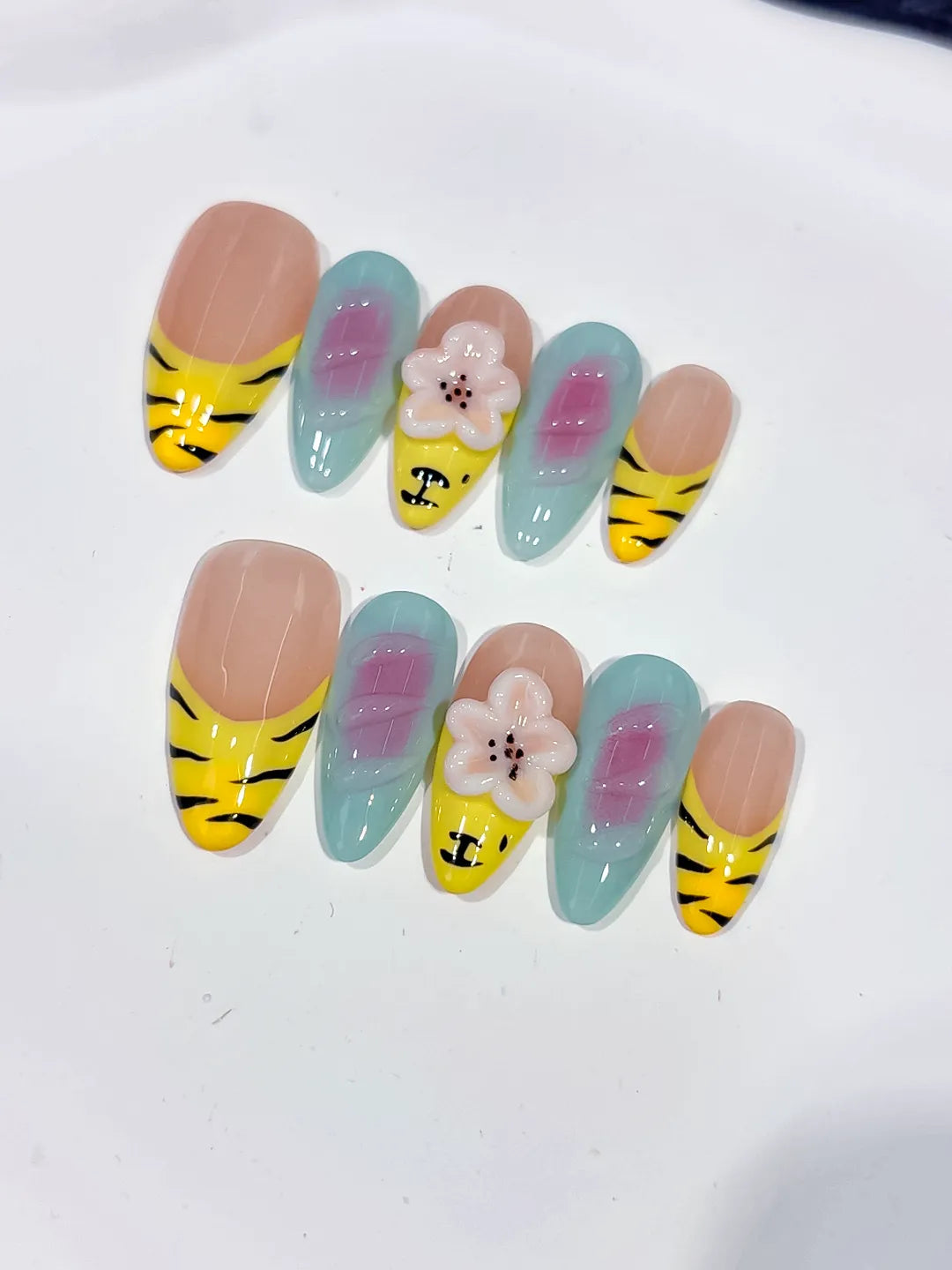 D421 - Medium Nude Yellow Almond Abstract Flower Animal Print VibeNailsLab