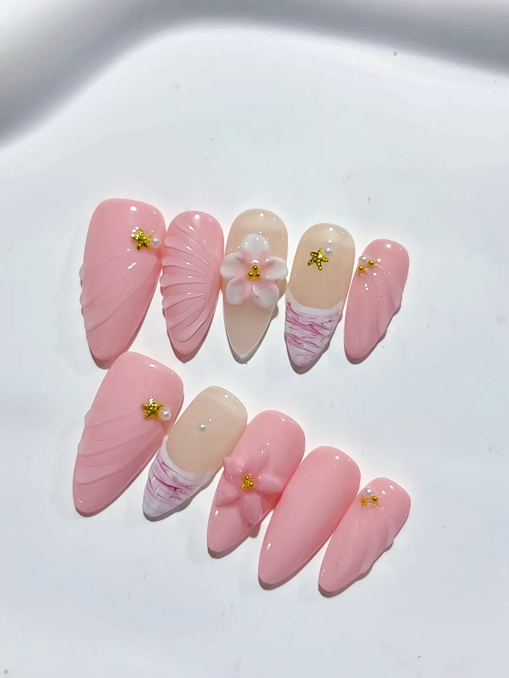 D422 - Medium Pink Nude Almond Solid color Flower Star