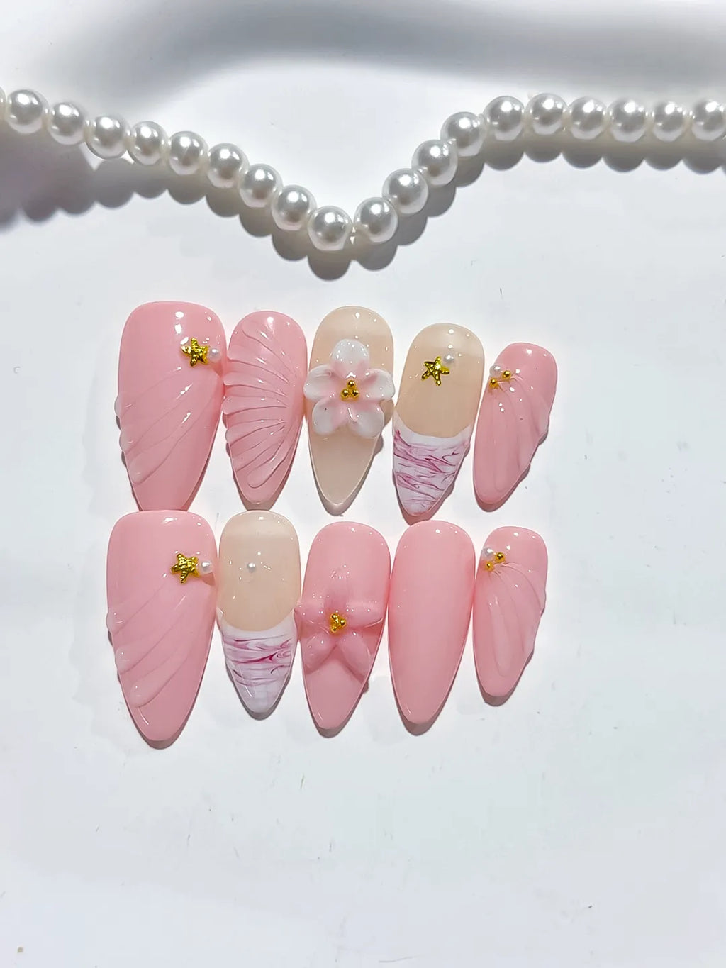 D422 - Medium Pink Nude Almond Solid color Flower Star