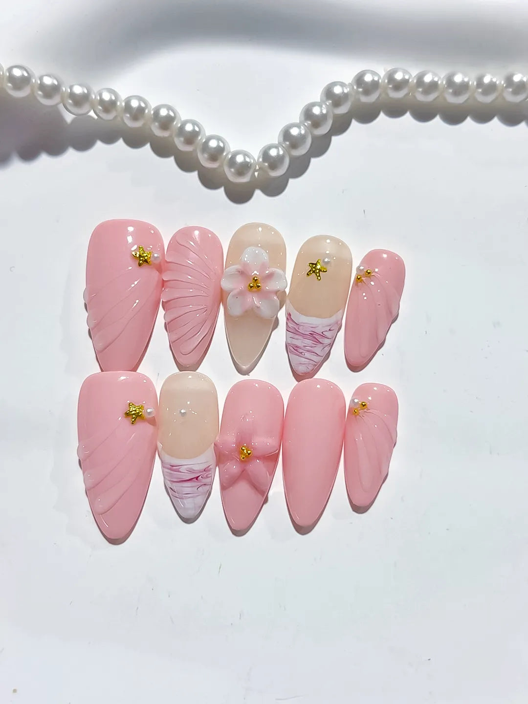 D422 - Medium Pink Nude Almond Solid color Flower Star