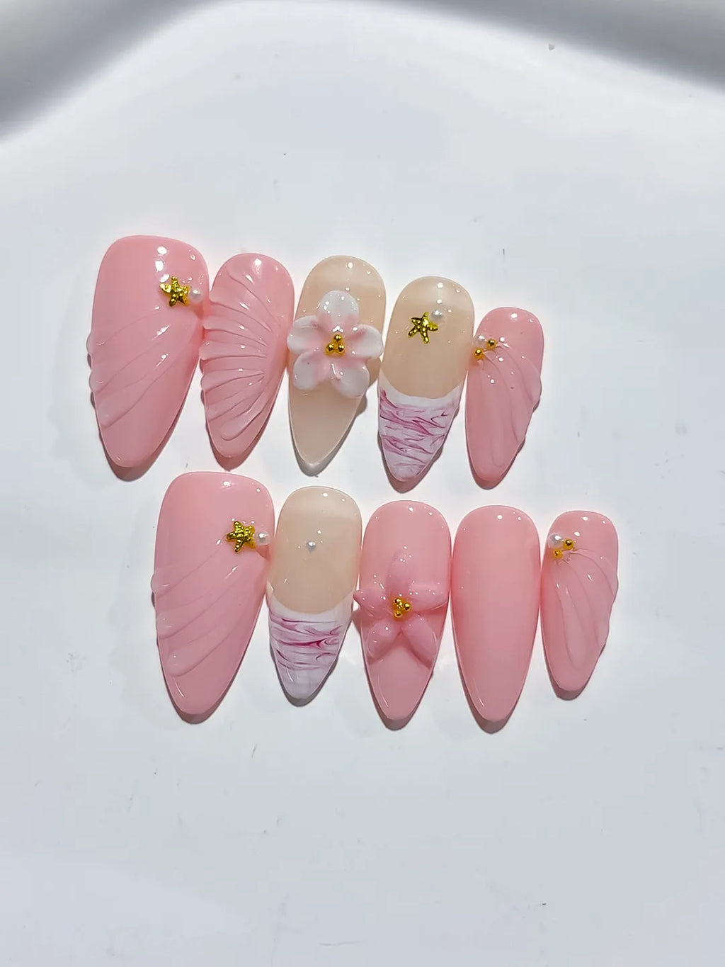 D422 - Medium Pink Nude Almond Solid color Flower Star