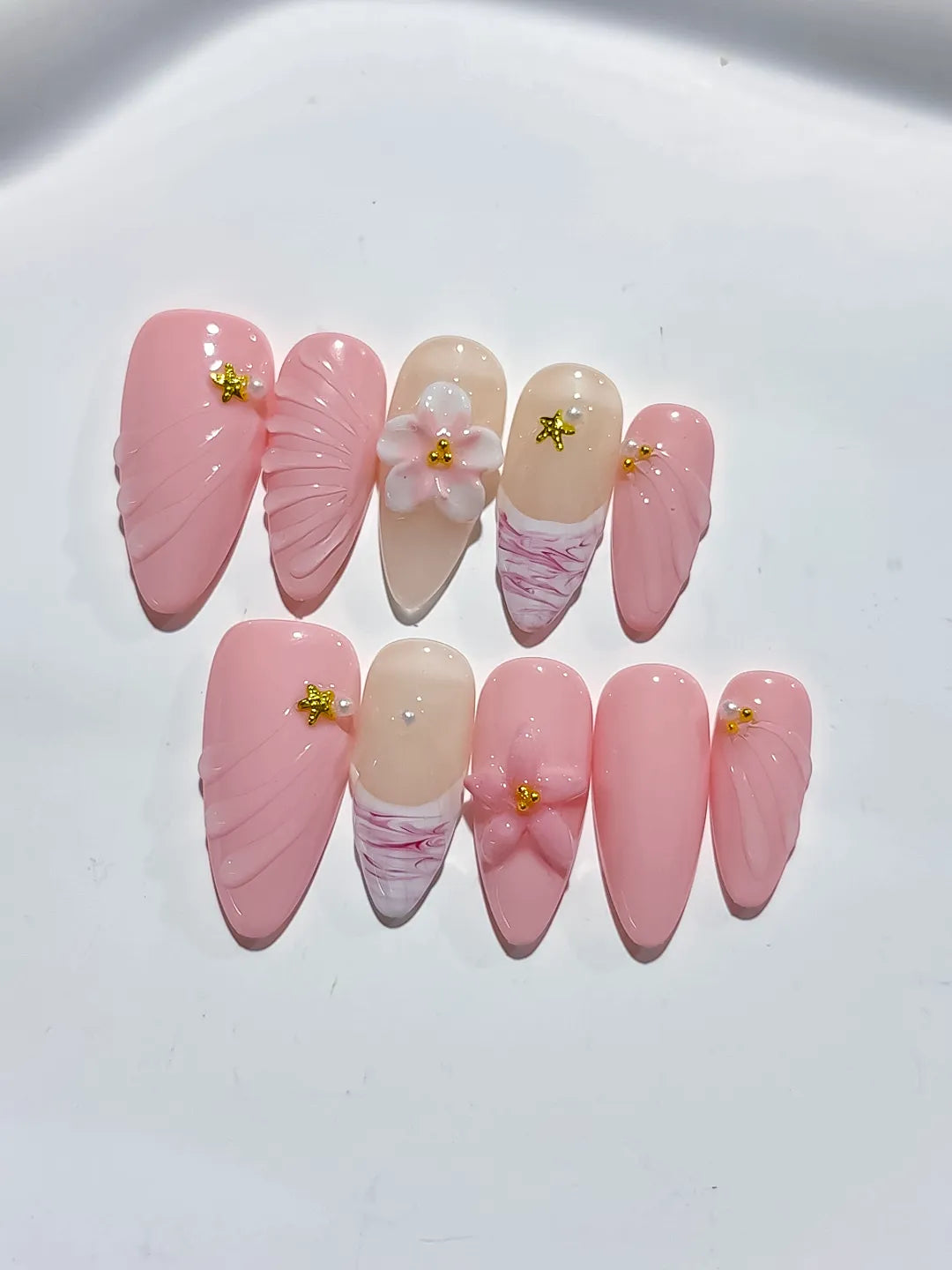 D422 - Medium Pink Nude Almond Solid color Flower Star