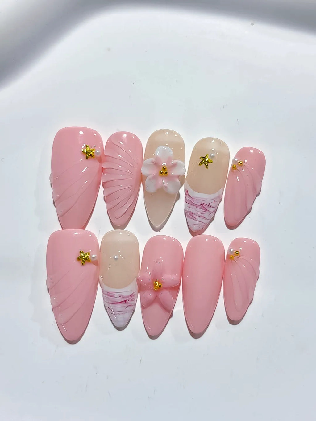 D422 - Medium Pink Nude Almond Solid color Flower Star