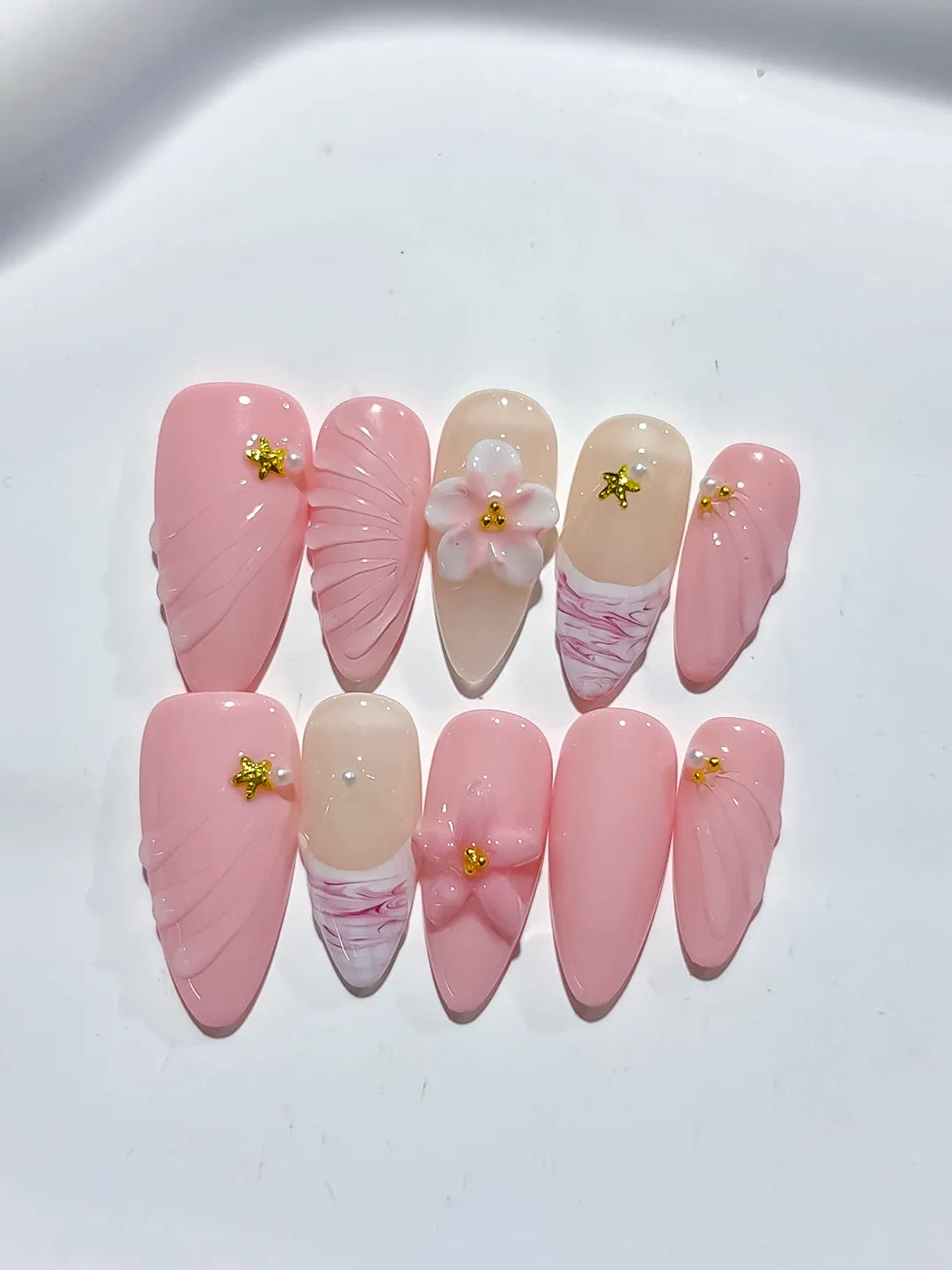 D422 - Medium Pink Nude Almond Solid color Flower Star