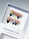 D423 - Medium Nude Black Almond French tip Flower Bow