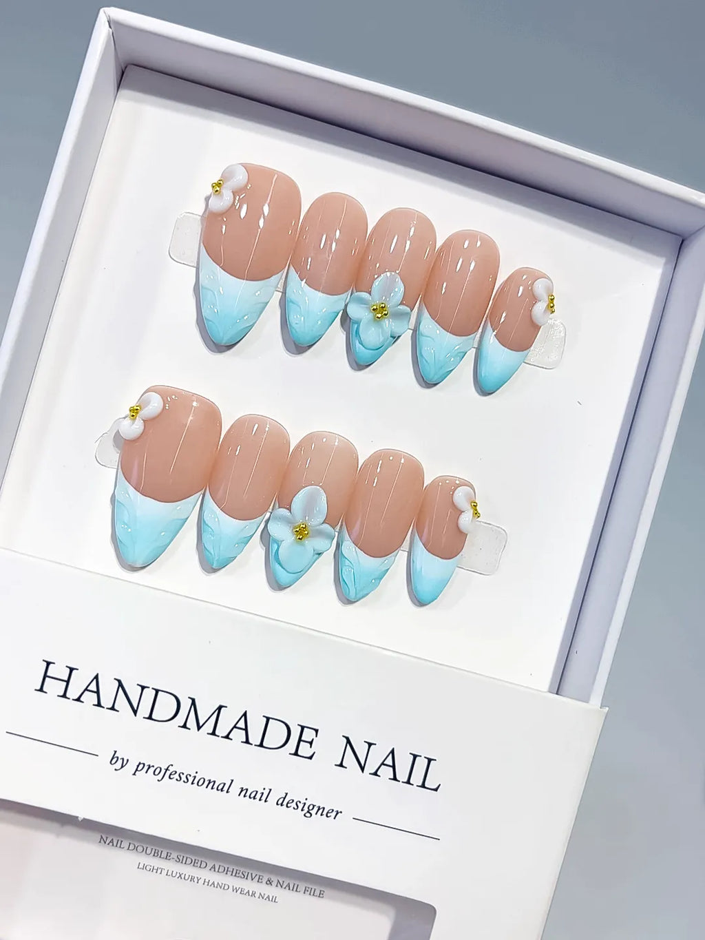 D429 - Medium Nude Blue Almond French tip Flower Bow