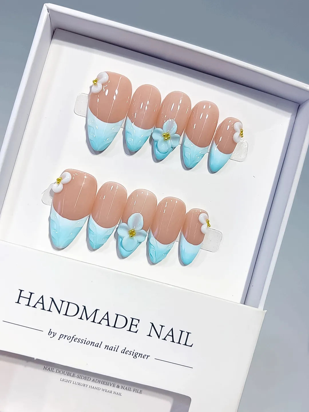 D429 - Medium Nude Blue Almond French tip Flower Bow