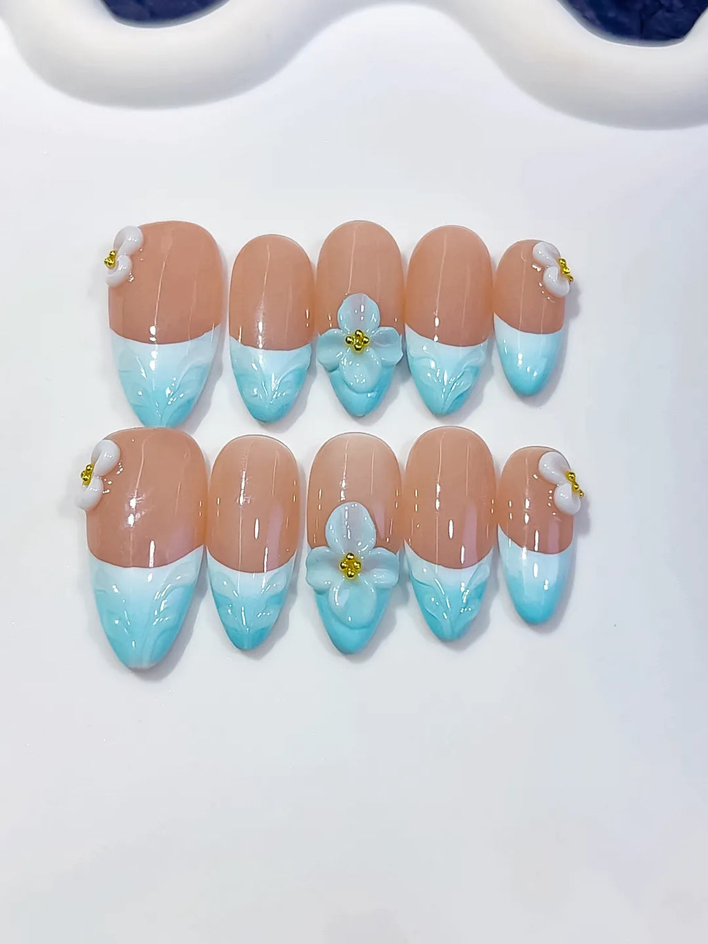 D429 - Medium Nude Blue Almond French tip Flower Bow