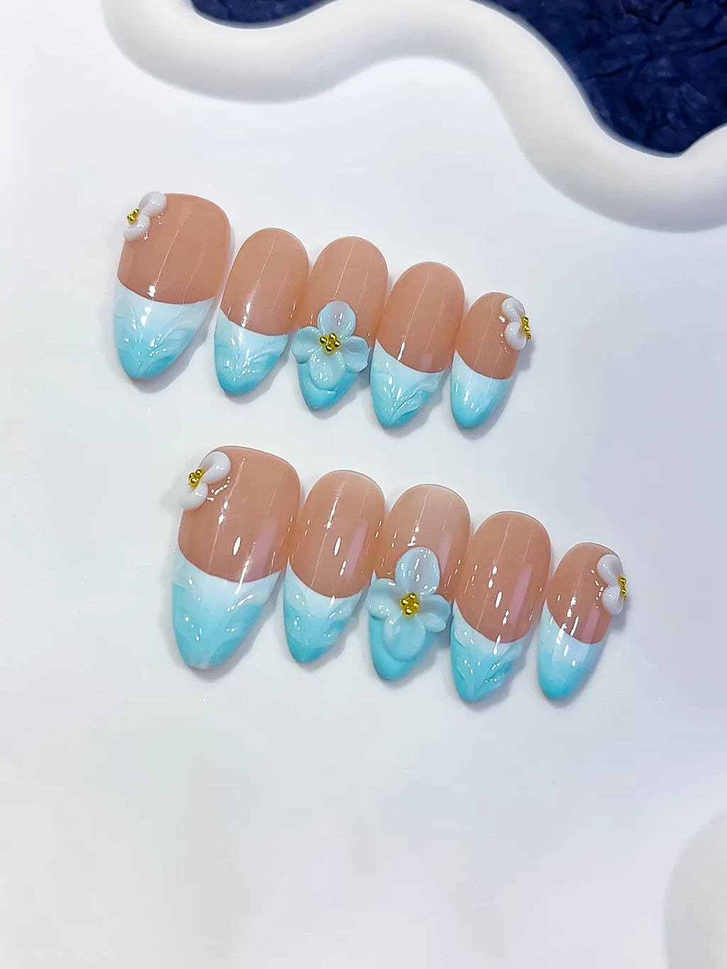 D429 - Medium Nude Blue Almond French tip Flower Bow
