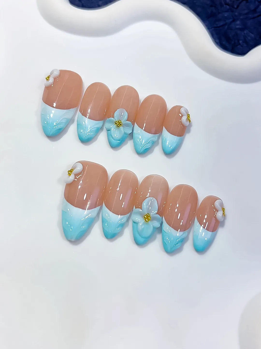 D429 - Medium Nude Blue Almond French tip Flower Bow