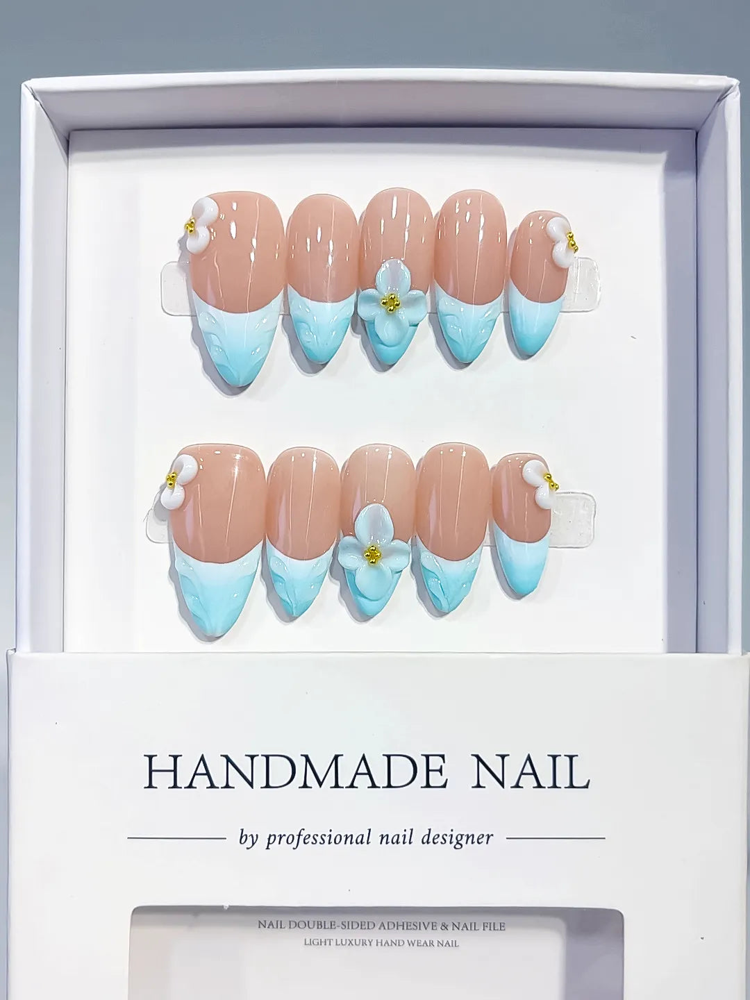 D429 - Medium Nude Blue Almond French tip Flower Bow