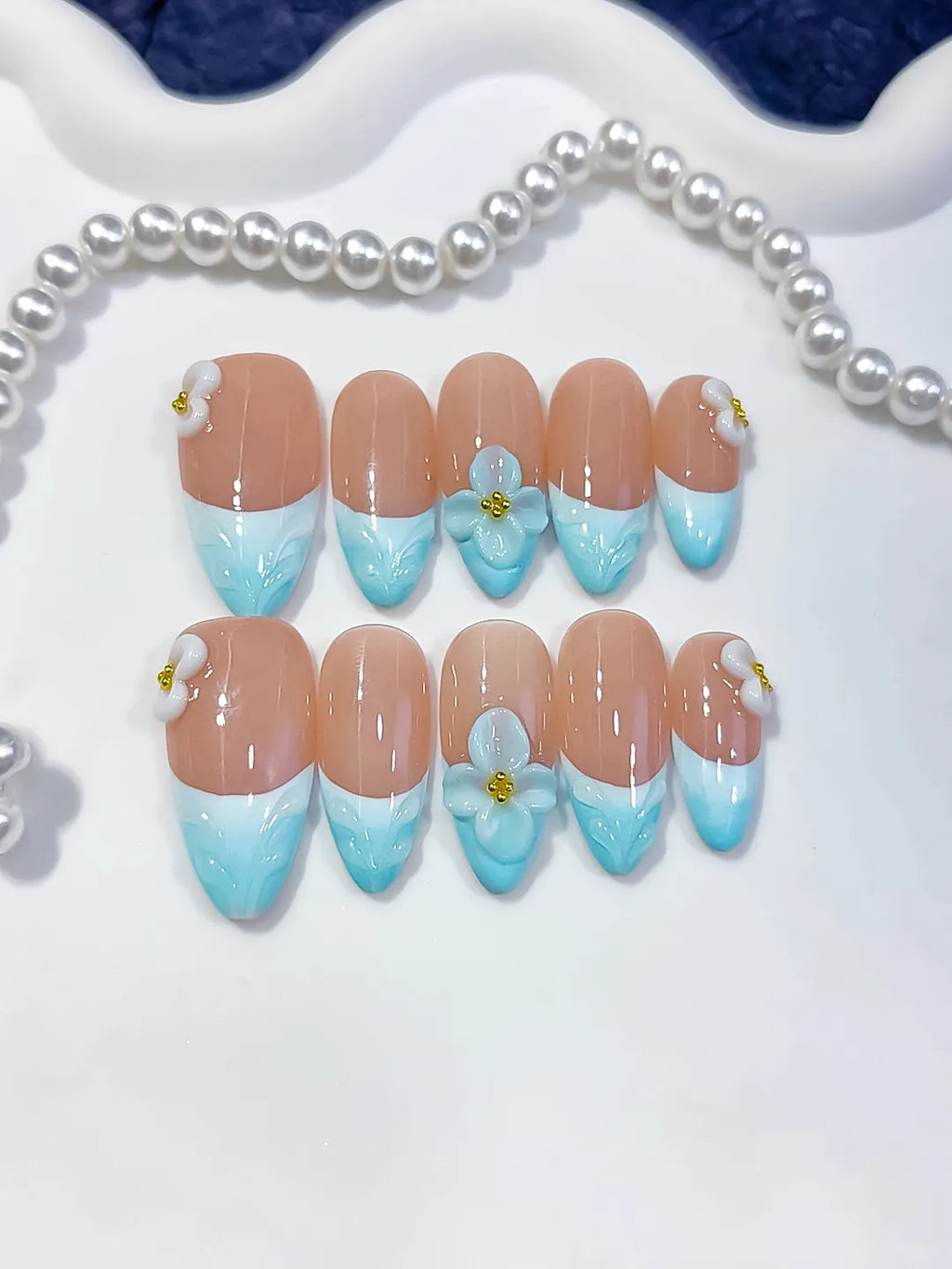 D429 - Medium Nude Blue Almond French tip Flower Bow