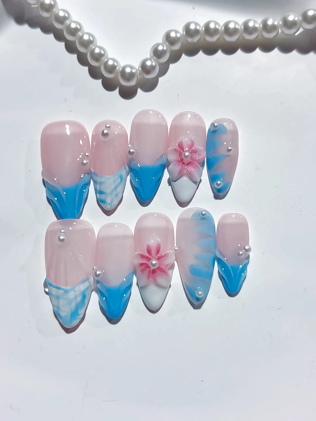 D430 - Medium Pink Blue Almond French tip Flower Pearl